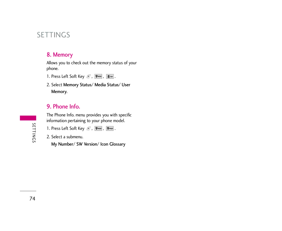 LG Electronics 245 Phone Info, Select Memory Status/ Media Status/ User Memory, My Number/ SW Version/ Icon Glossary 