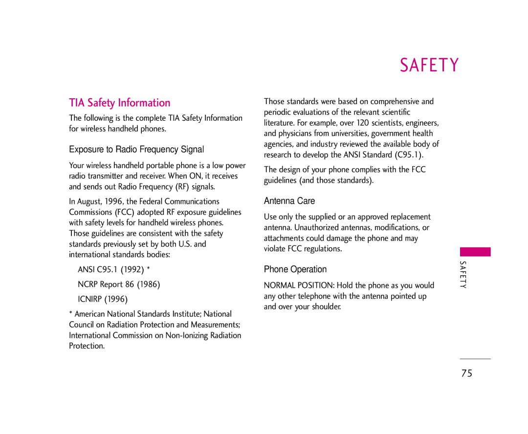 LG Electronics 245 manual TIA Safety Information, Exposure to Radio Frequency Signal, Antenna Care, Phone Operation 