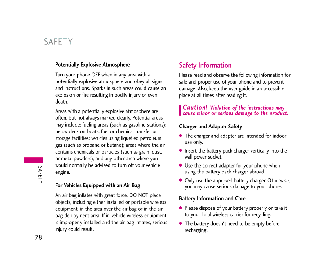 LG Electronics 245 manual Safety Information, Potentially Explosive Atmosphere, For Vehicles Equipped with an Air Bag 