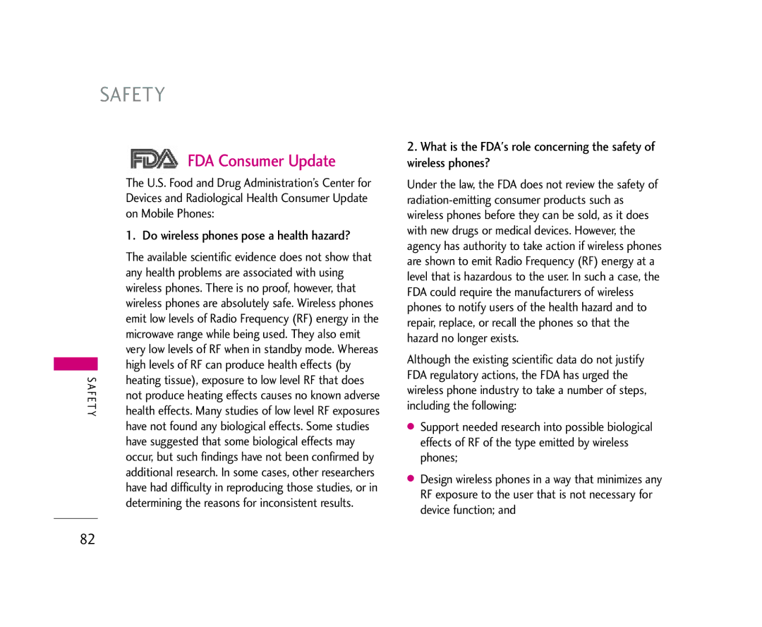 LG Electronics 245 manual FDA Consumer Update, On Mobile Phones, Do wireless phones pose a health hazard? 