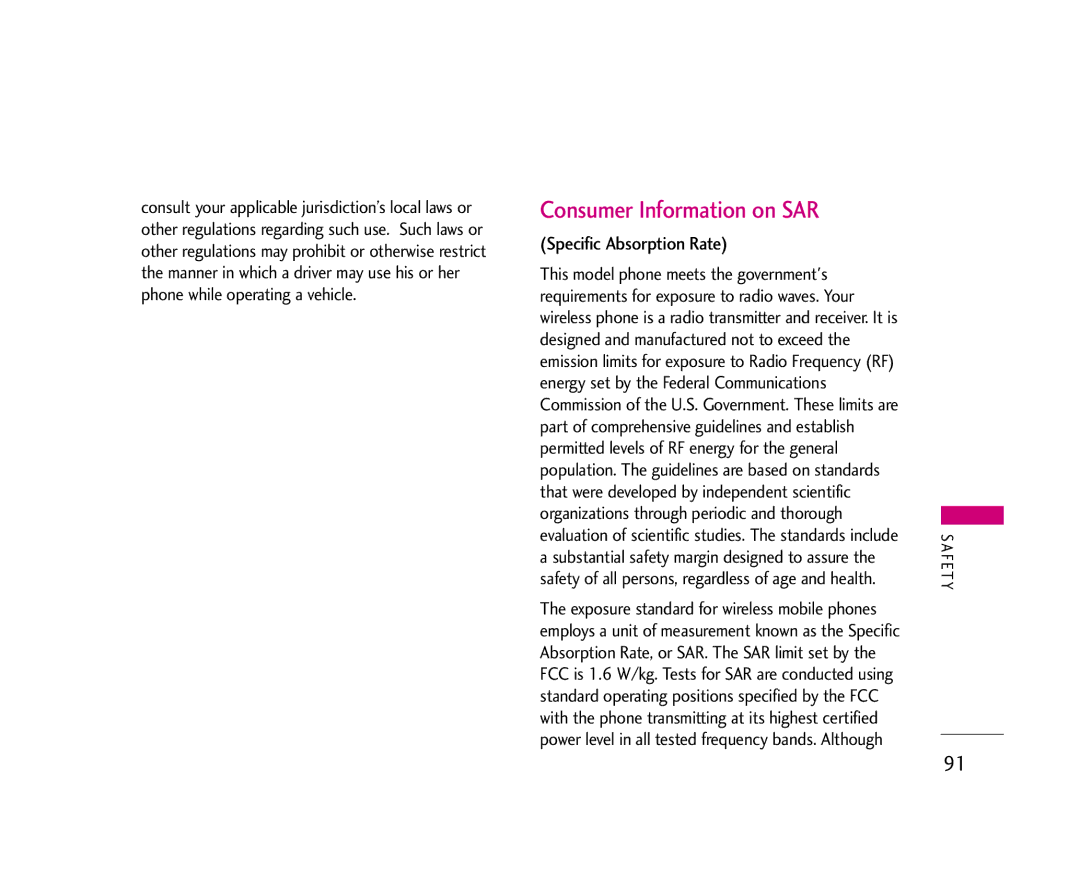 LG Electronics 245 manual Consumer Information on SAR, Specific Absorption Rate 