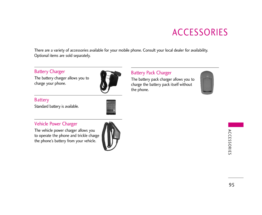 LG Electronics 245 manual Accessories, Battery Charger, Battery Pack Charger, Vehicle Power Charger 