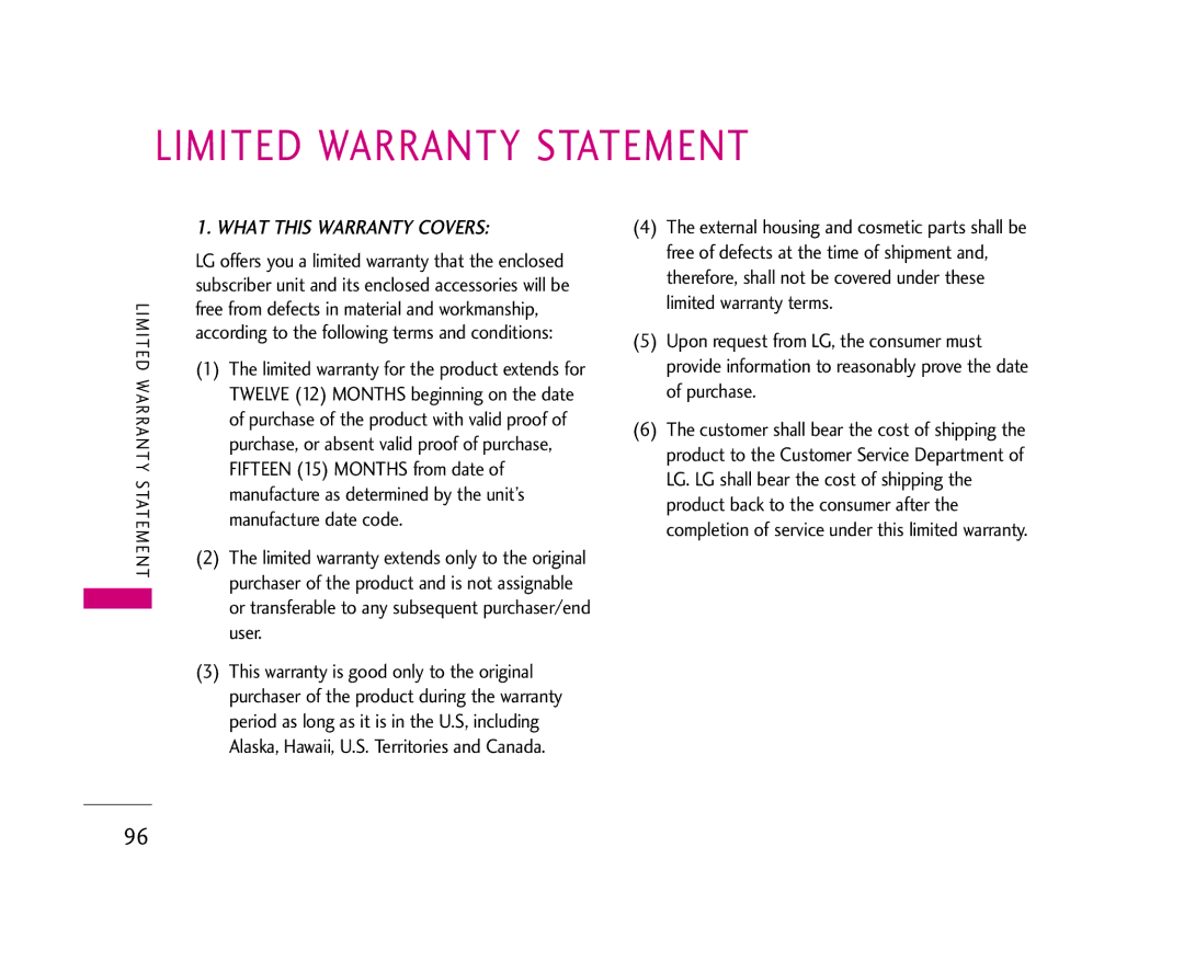 LG Electronics 245 manual Limited Warranty Statement, What this Warranty Covers 