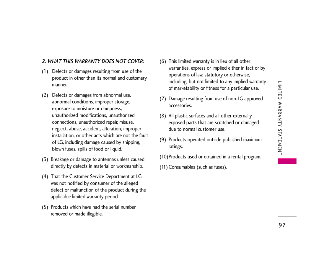 LG Electronics 245 manual What this Warranty does not Cover, Damage resulting from use of non-LG approved accessories 