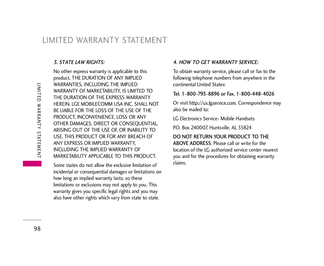 LG Electronics 245 manual Limited Warranty Statement, Tel -800-793-8896 or Fax 