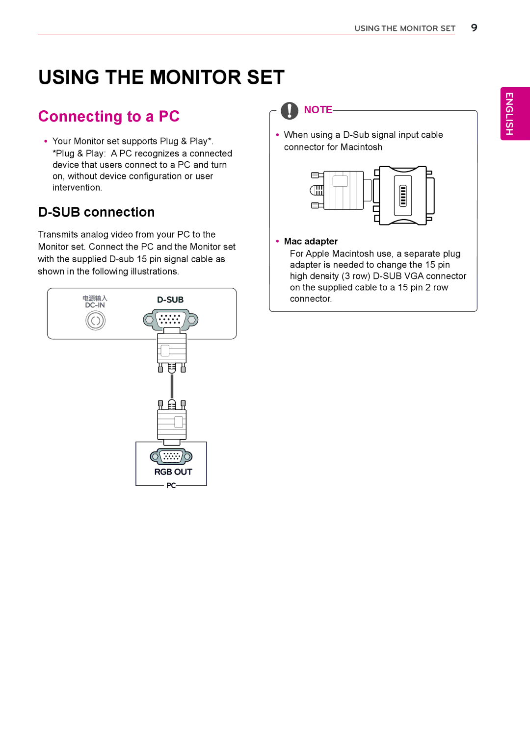 LG Electronics 20EN33SS, 24EN33S, 23EN33S, 22EN33S Using the Monitor SET, Connecting to a PC, SUB connection, YyMac adapter 