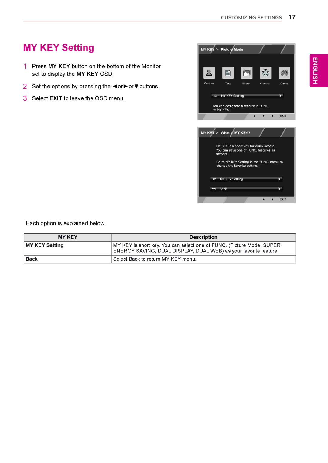 LG Electronics 24EN33S, 23EN33S, 22EN33S, 20EN33SS, 19EN33SW owner manual MY KEY Setting, My Key 