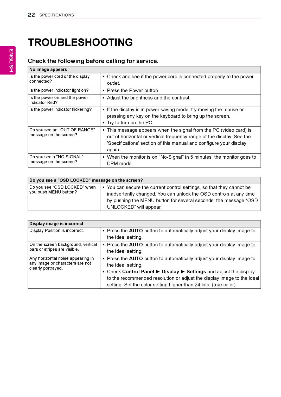 LG Electronics 22EN33S, 24EN33S, 23EN33S, 20EN33SS, 19EN33S Troubleshooting, Check the following before calling for service 