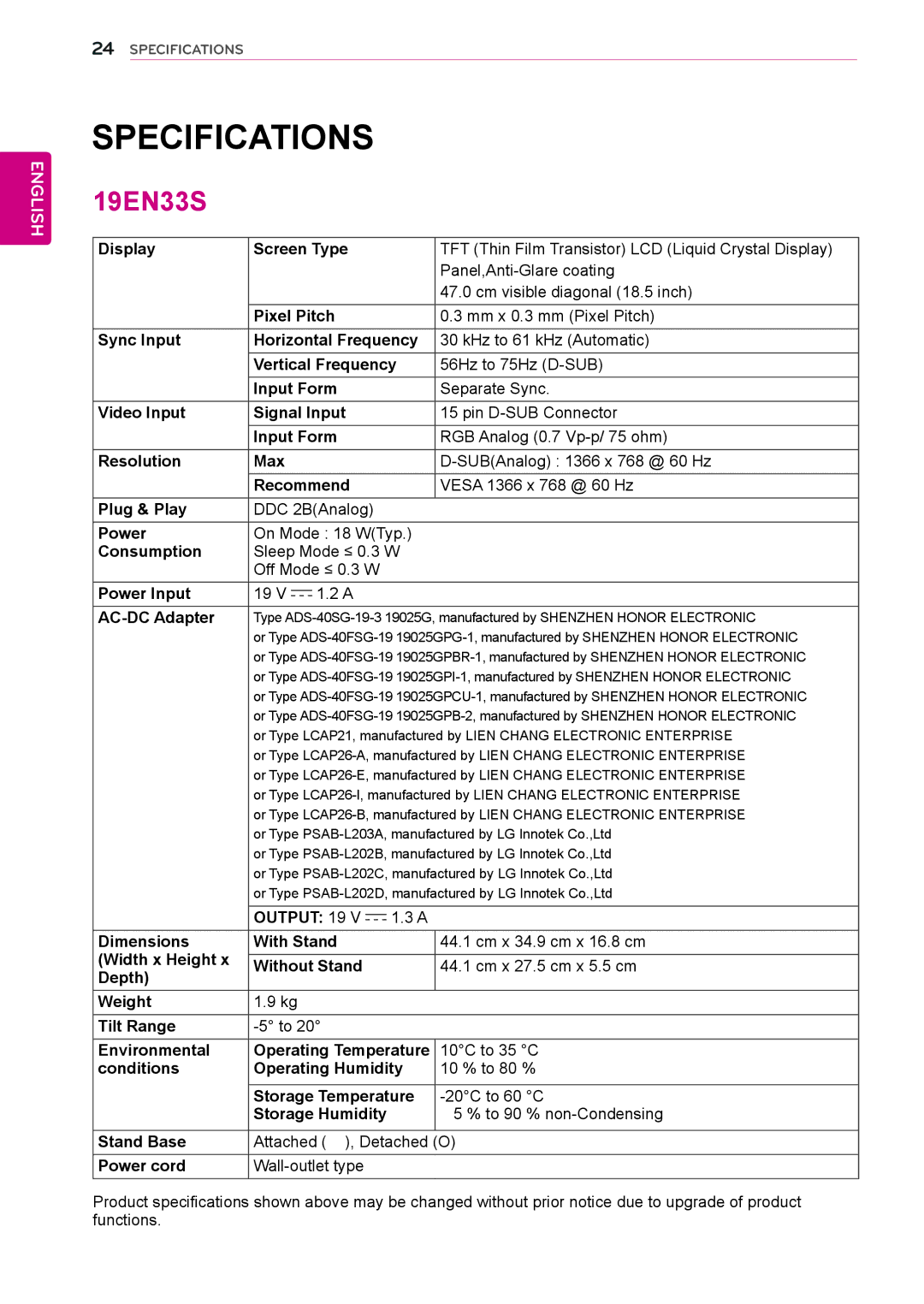 LG Electronics 24EN33S, 23EN33S, 22EN33S, 20EN33SS, 19EN33SW owner manual Specifications 