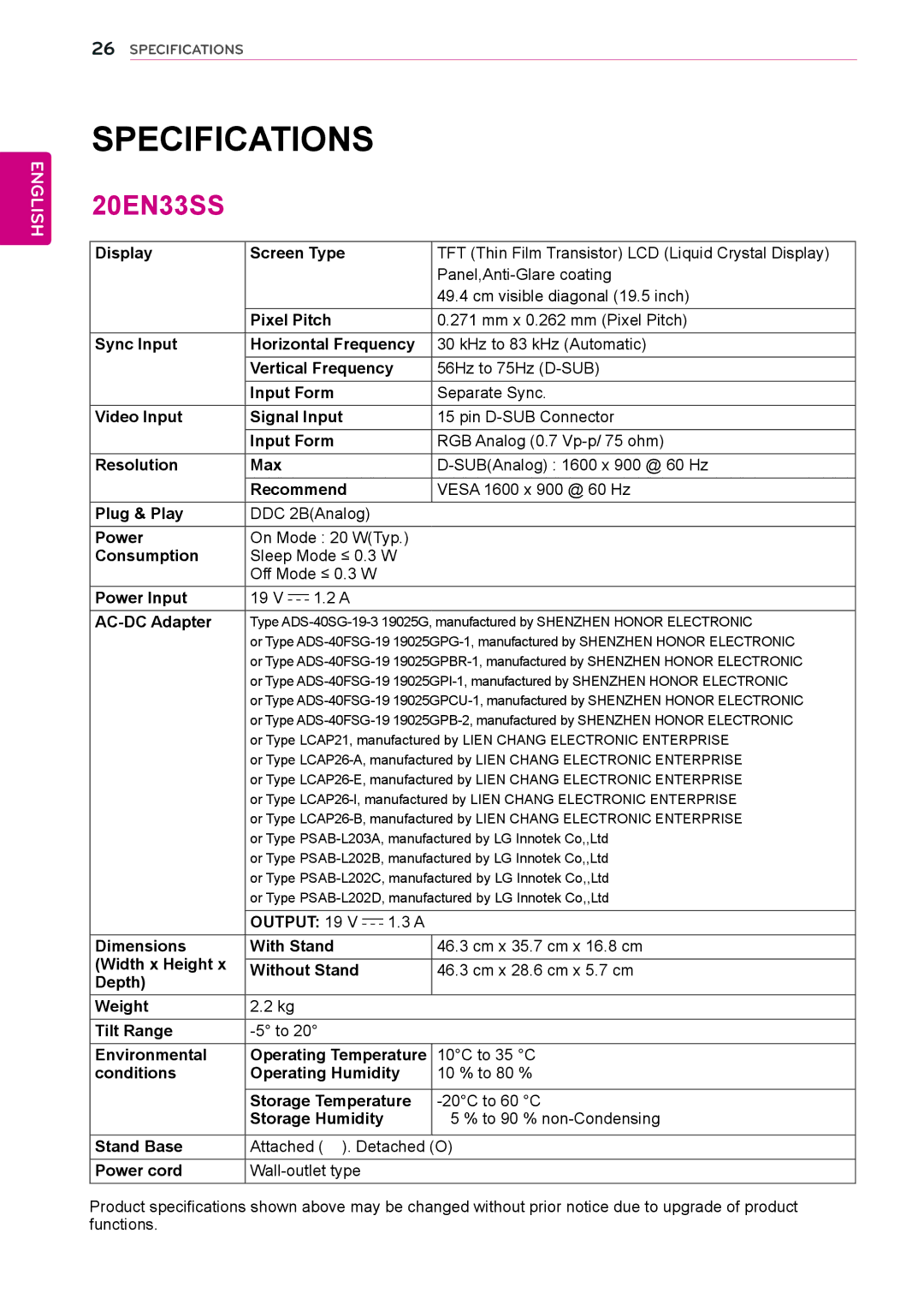 LG Electronics 19EN33SW, 24EN33S, 23EN33S, 22EN33S owner manual ‌Specifications, 20EN33SS 