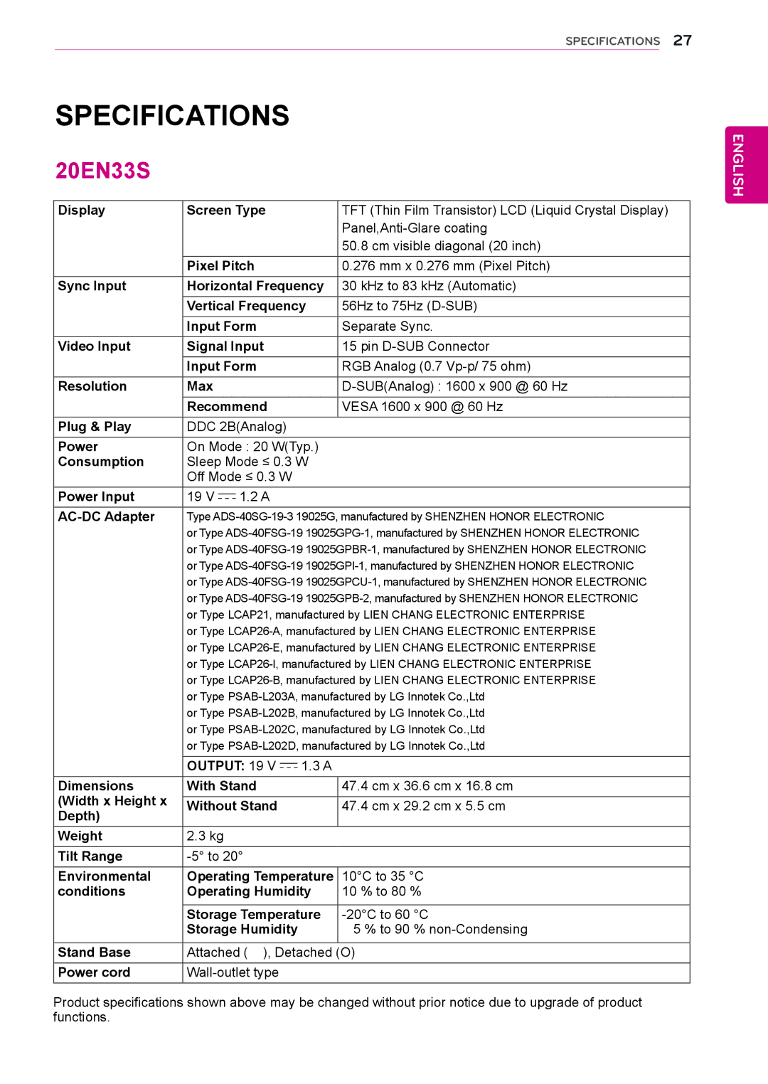 LG Electronics 24EN33S, 23EN33S, 22EN33S, 20EN33SS, 19EN33SW owner manual Specifications‌ 