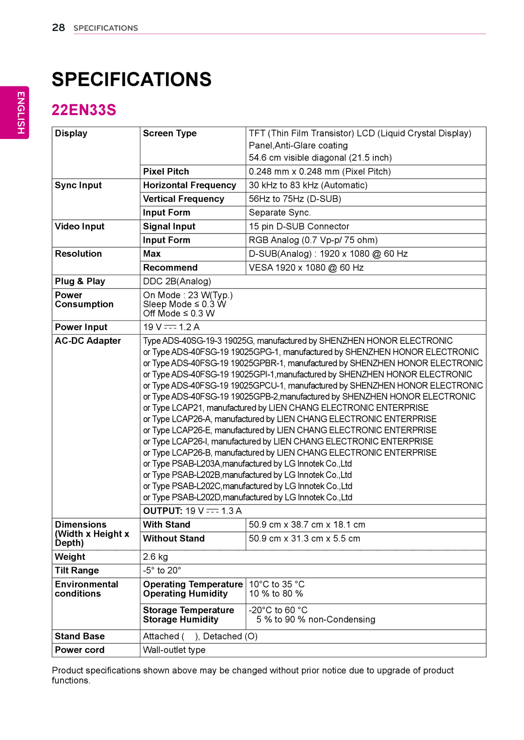 LG Electronics 23EN33S, 24EN33S, 20EN33SS, 19EN33S 22EN33S, Depth, Weight Tilt Range Environmental Operating Temperature 