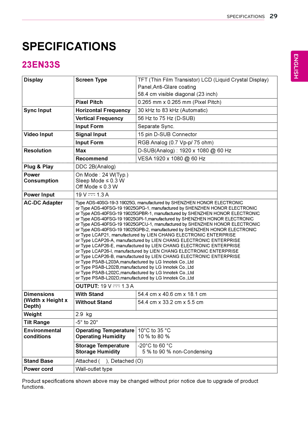 LG Electronics 22EN33S, 24EN33S, 20EN33SS, 19EN33SW owner manual 23EN33S 