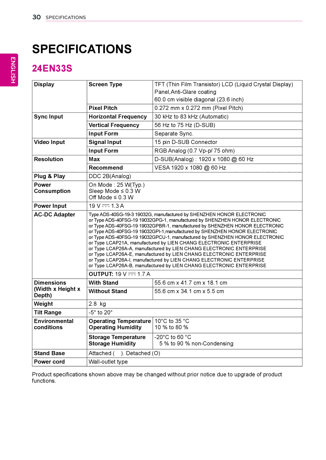 LG Electronics 20EN33SS, 23EN33S, 22EN33S, 19EN33SW owner manual 24EN33S 