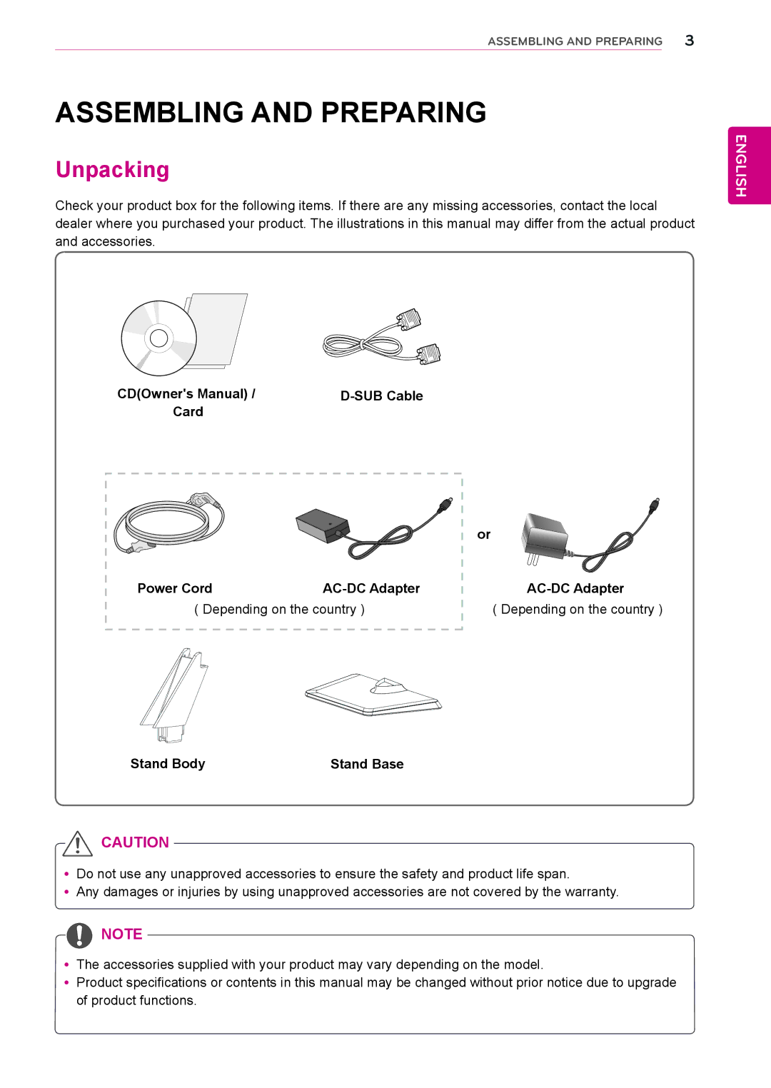 LG Electronics 19EN33S, 24EN33S, 23EN33S Assembling and Preparing, Unpacking, SUB Cable, Card Power Cord AC-DC Adapter 