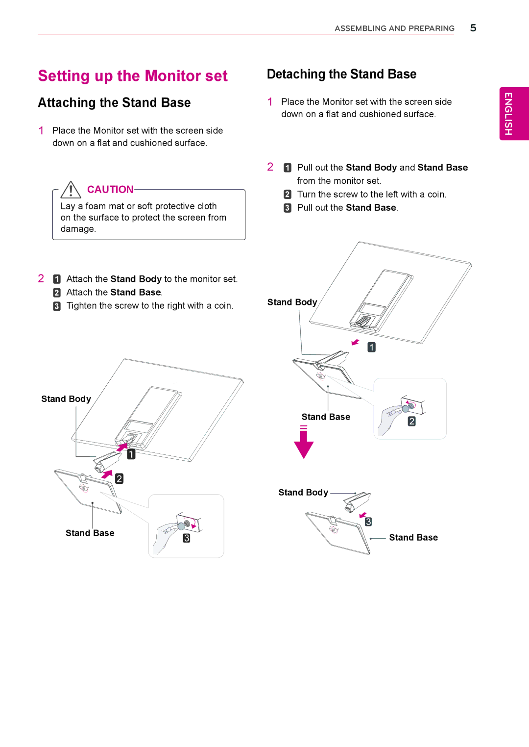 LG Electronics 19EN33SW Setting up the Monitor set, Attaching the Stand Base, Detaching the Stand Base, Stand Body 