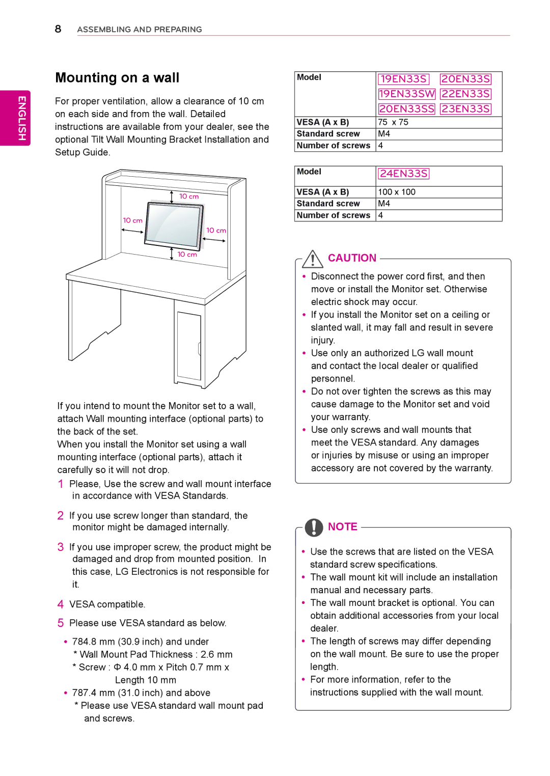 LG Electronics 22EN33S, 23EN33S, 20EN33SS, 19EN33SW owner manual Mounting on a wall, 24EN33S 