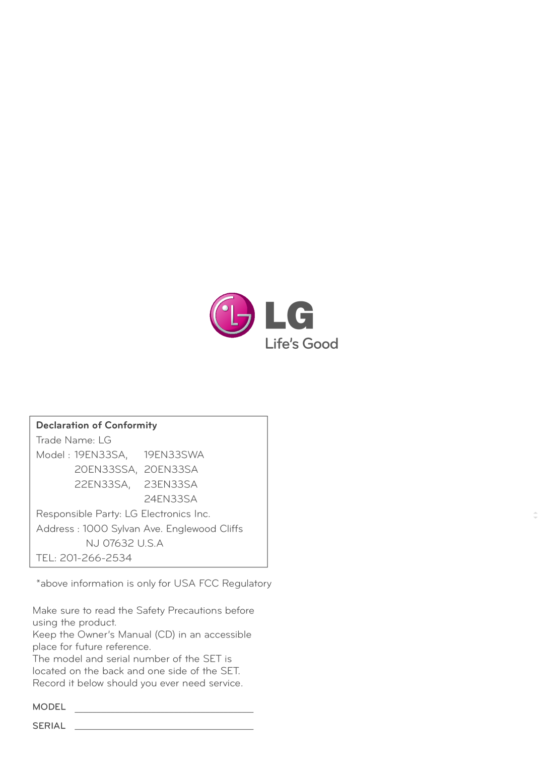 LG Electronics 24EN33S, 23EN33S, 22EN33S, 20EN33SS, 19EN33SW owner manual Declaration of Conformity 