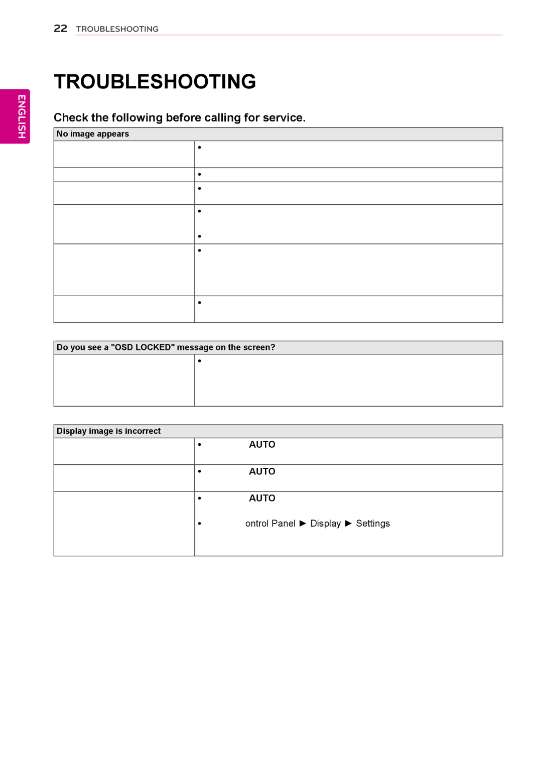 LG Electronics 24EN33VW owner manual Troubleshooting, Check the following before calling for service 