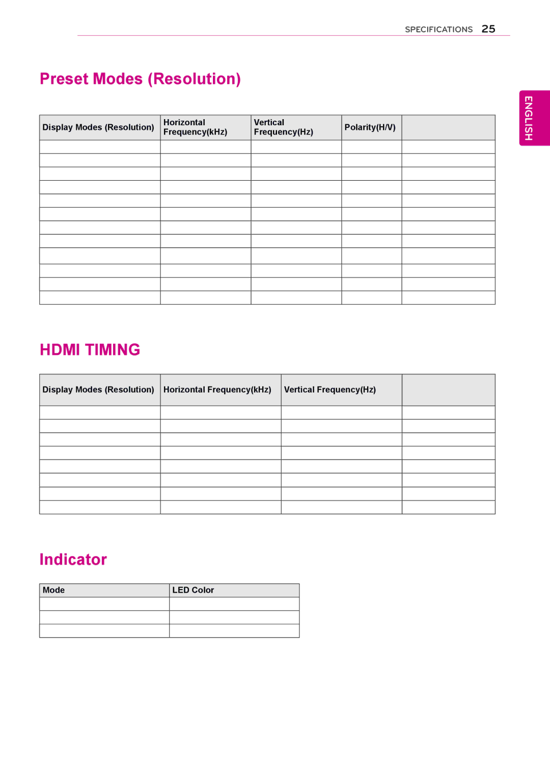 LG Electronics 24EN33VW owner manual Preset Modes Resolution, Indicator 