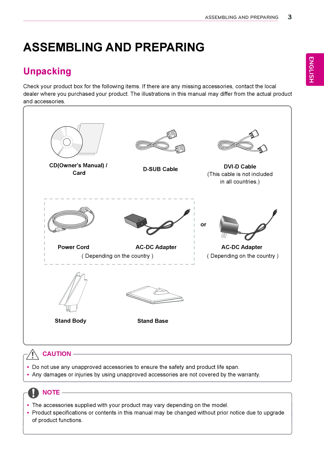 LG Electronics 24EN33VW owner manual Assembling and Preparing, Unpacking 