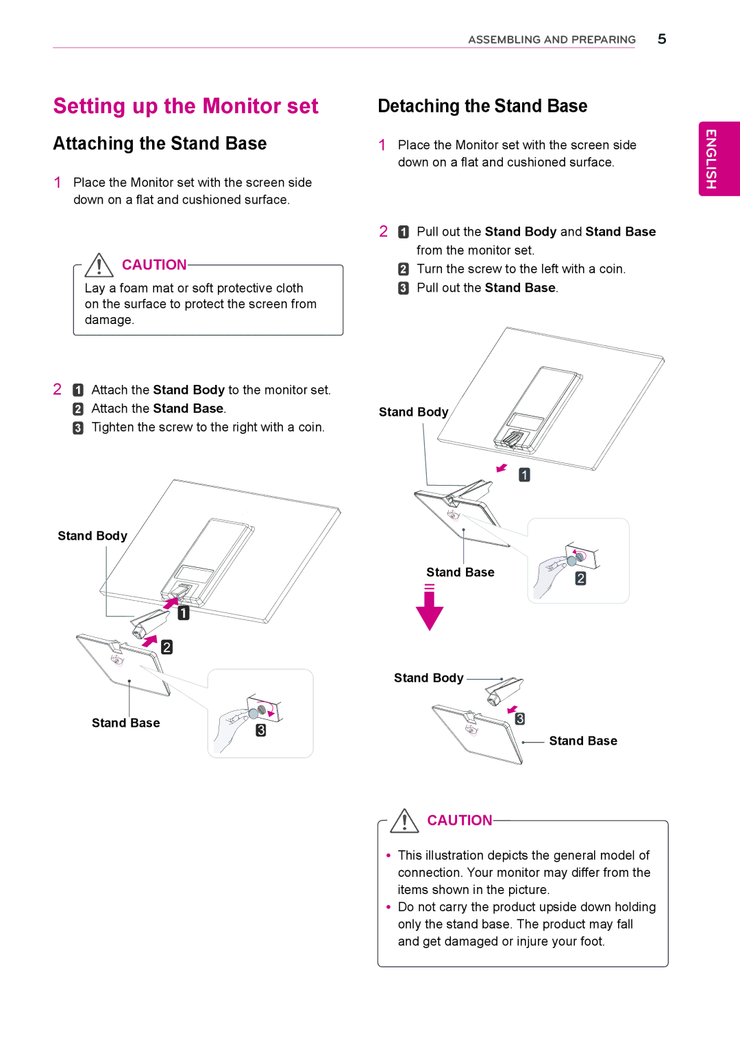 LG Electronics 24EN33V Setting up the Monitor set, Attaching the Stand Base, Detaching the Stand Base, Stand Body 