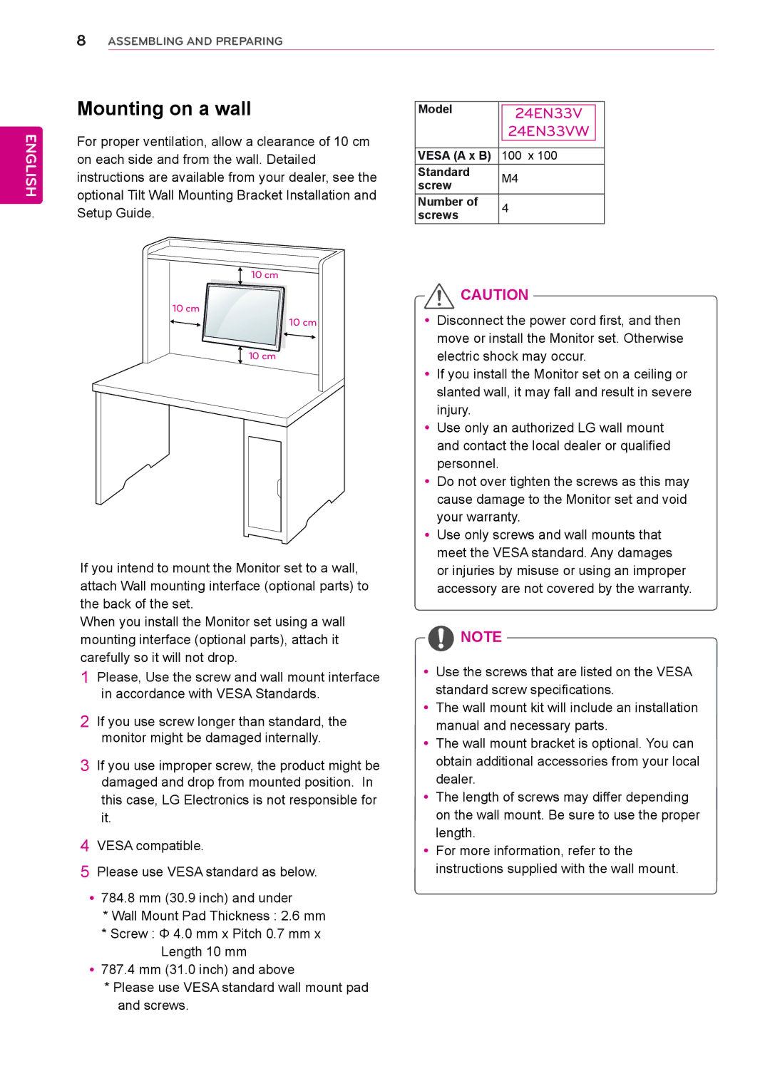 LG Electronics owner manual Mounting on a wall, 24EN33V 24EN33VW 