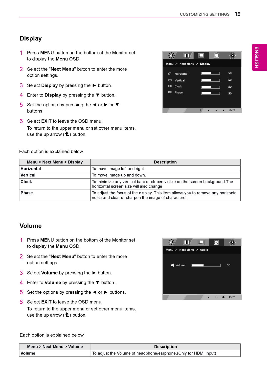 LG Electronics 24EN33VW owner manual Display, Volume, English 
