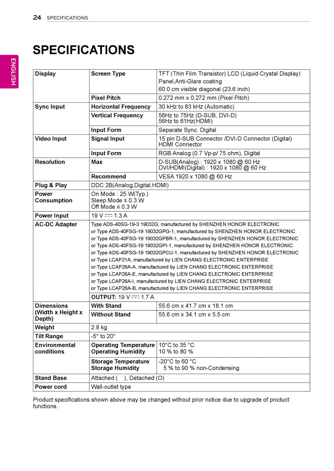 LG Electronics 24EN33VW owner manual ‌Specifications, English 