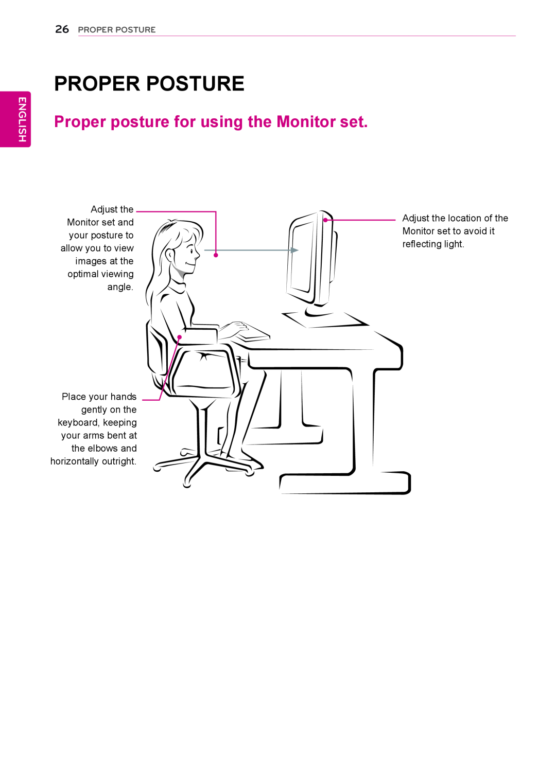 LG Electronics 24EN33VW owner manual Proper posture for using the Monitor set, English 