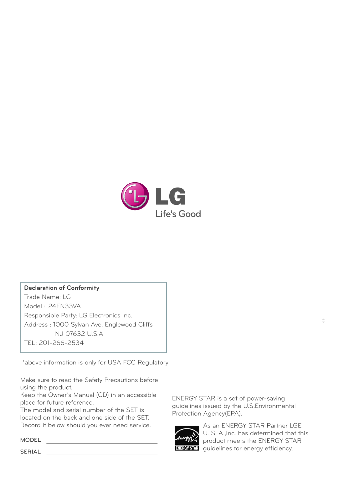 LG Electronics 24EN33VW owner manual Declaration of Conformity 