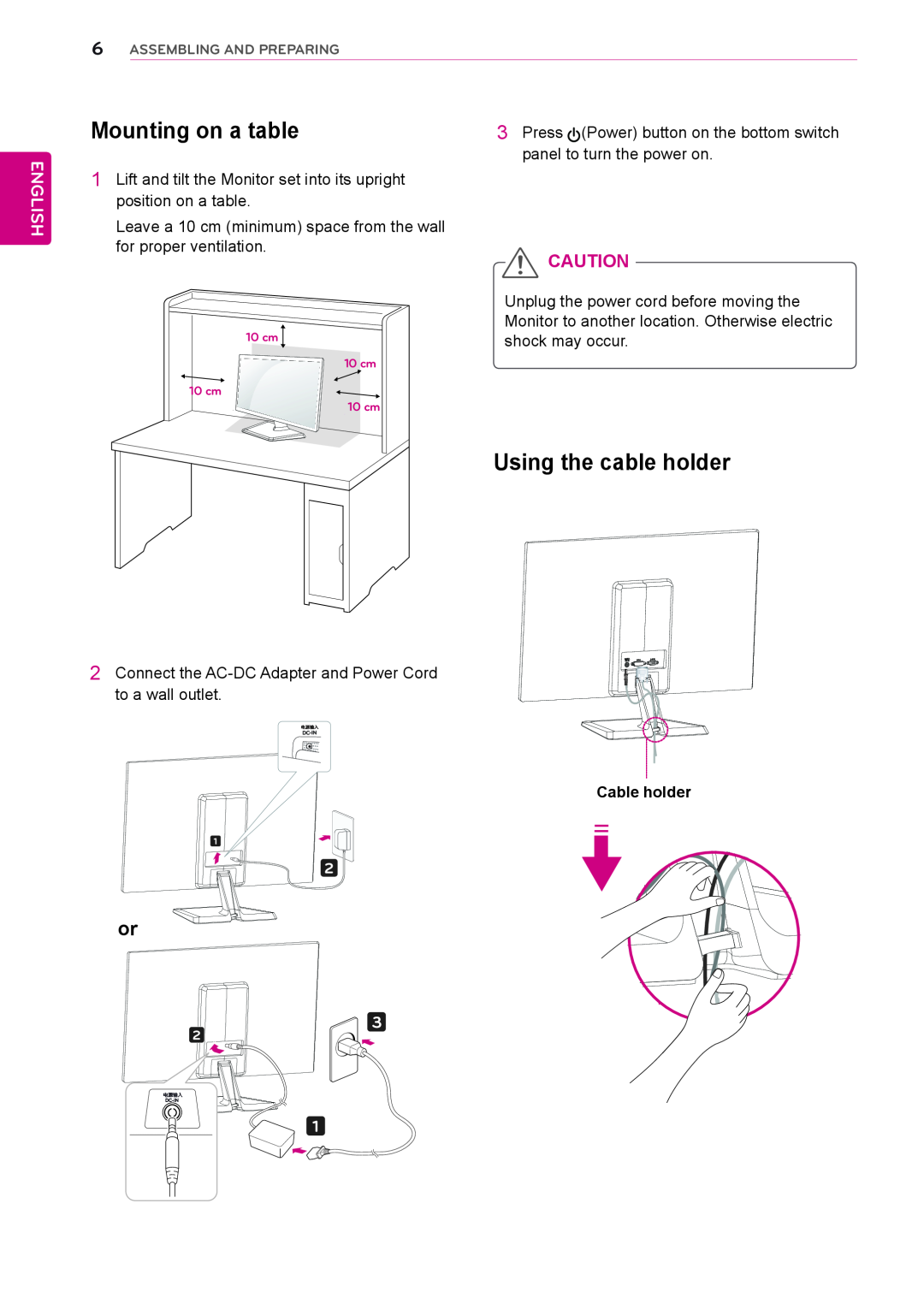 LG Electronics 24EN33VW owner manual Mounting on a table, Using the cable holder, English 