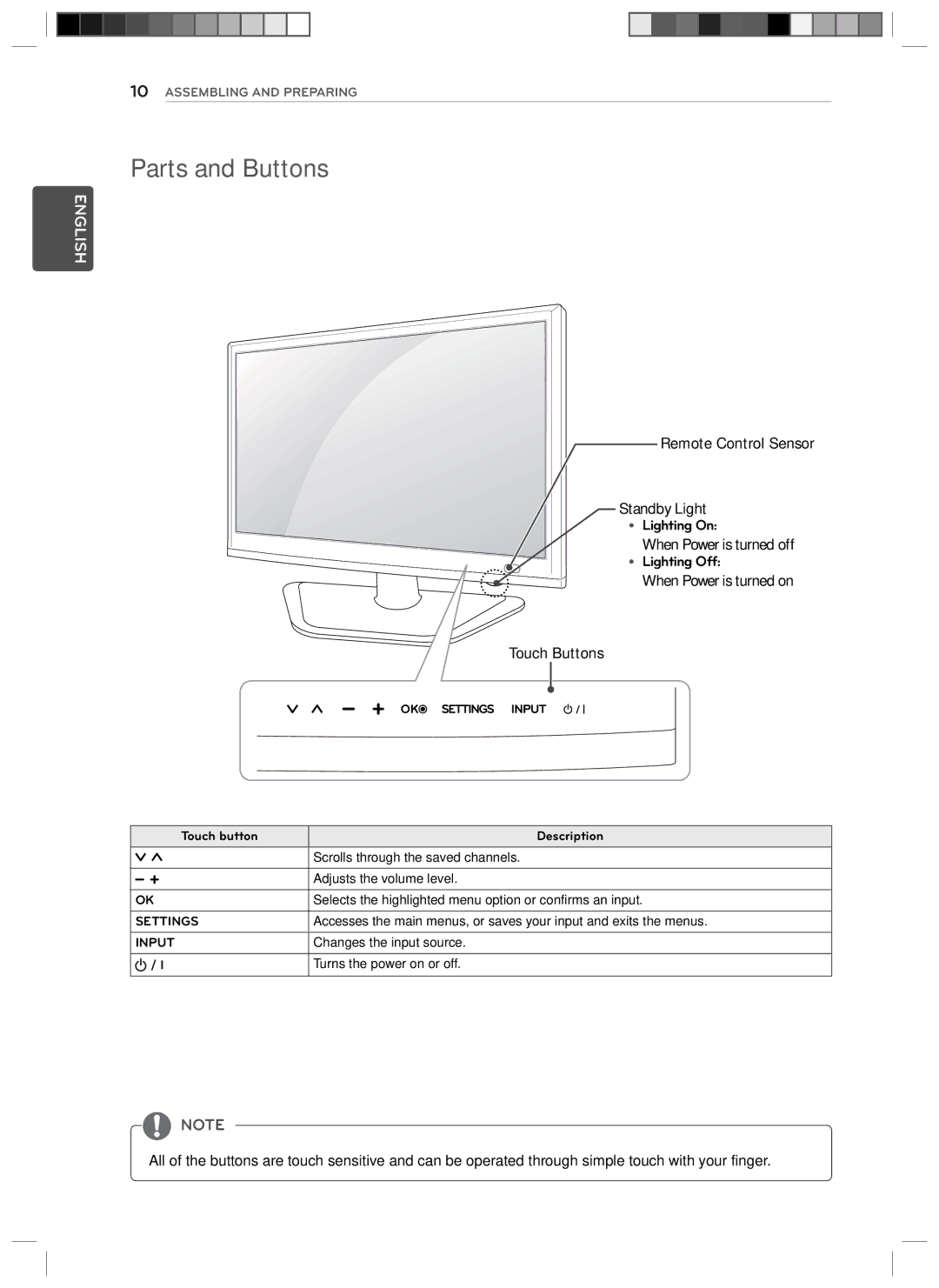 LG Electronics 24LN4510, 29LN4510 owner manual Parts and Buttons, Touch button Description 