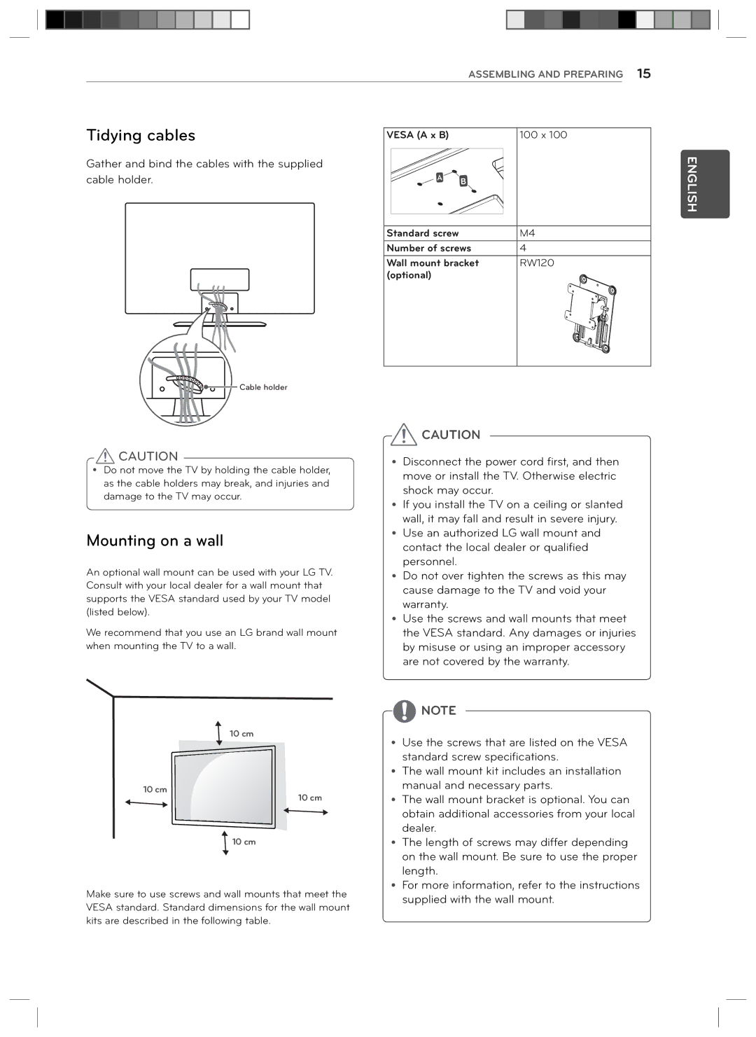 LG Electronics 29LN4510, 24LN4510 owner manual Tidying cables, Mounting on a wall 