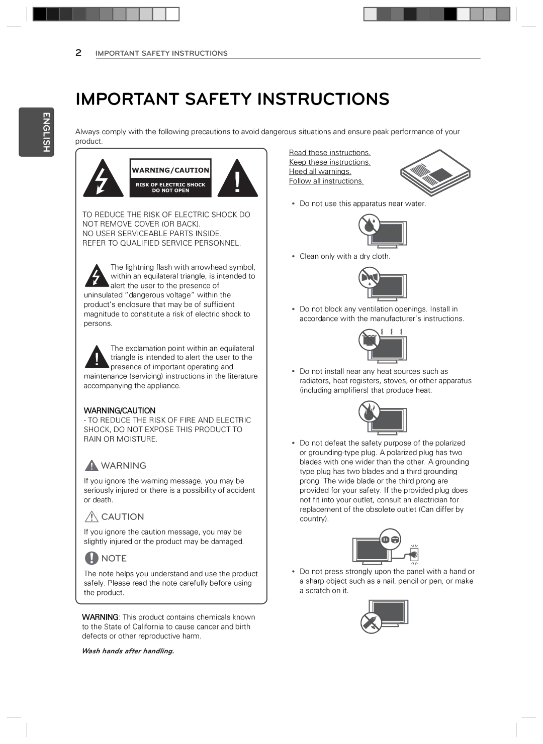 LG Electronics 24LN4510, 29LN4510 owner manual Important Safety Instructions, Wash hands after handling 