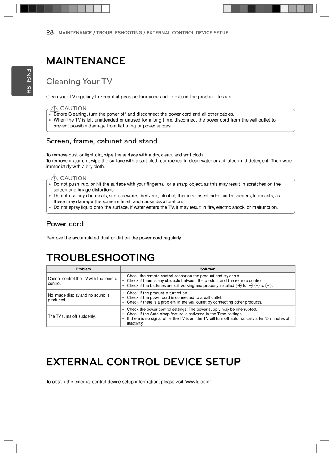 LG Electronics 24LN4510, 29LN4510 owner manual Maintenance, Troubleshooting, External Control Device Setup, Cleaning Your TV 