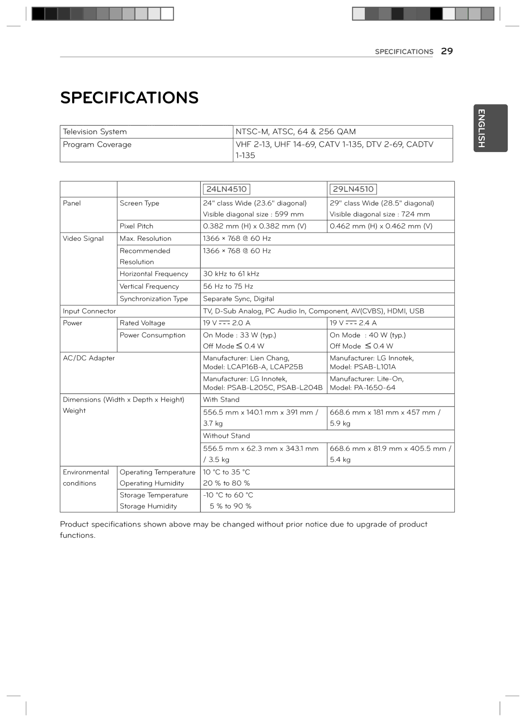 LG Electronics owner manual Specifications, 24LN4510 29LN4510 