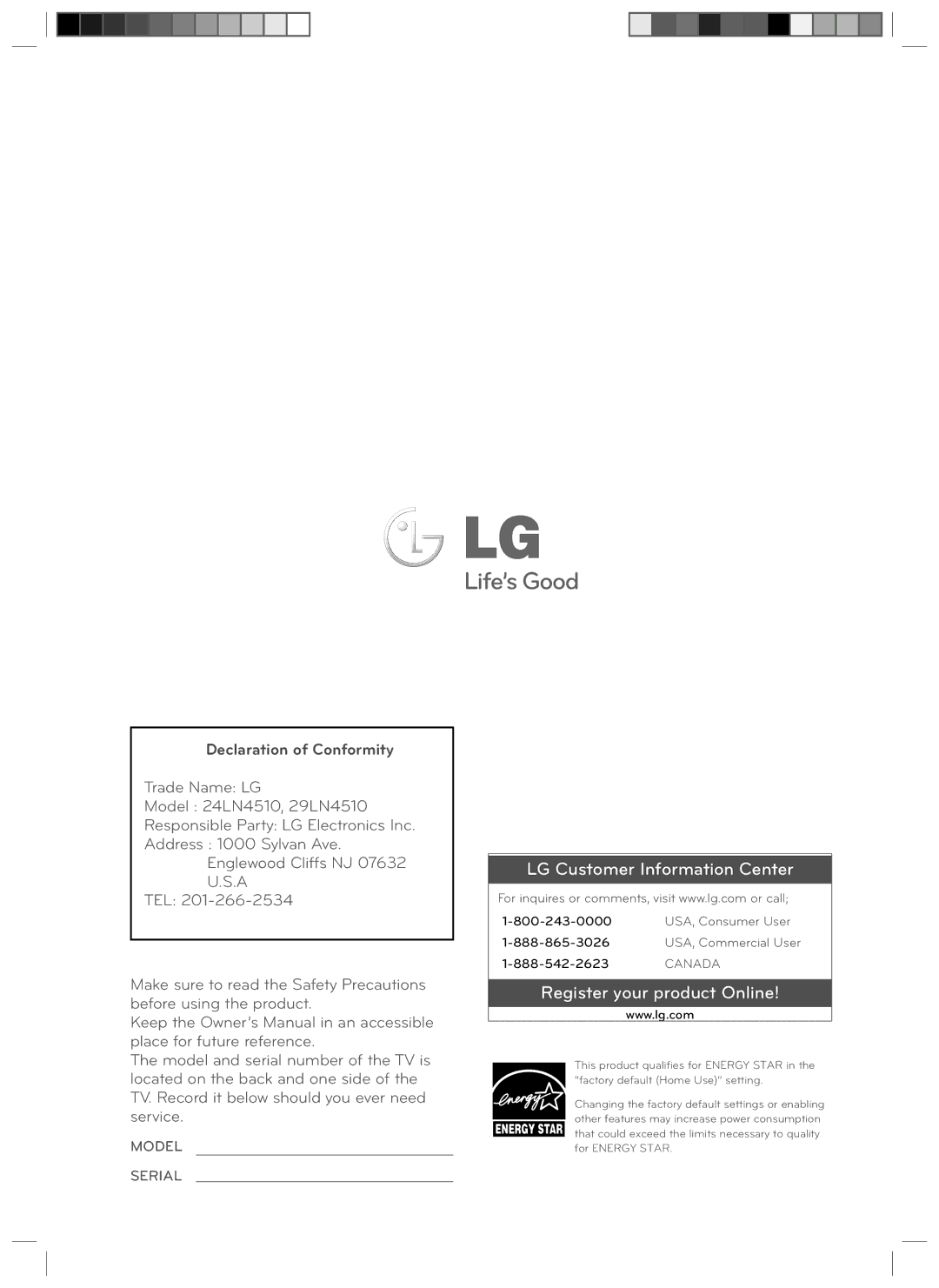 LG Electronics 24LN4510, 29LN4510 owner manual LG Customer Information Center 