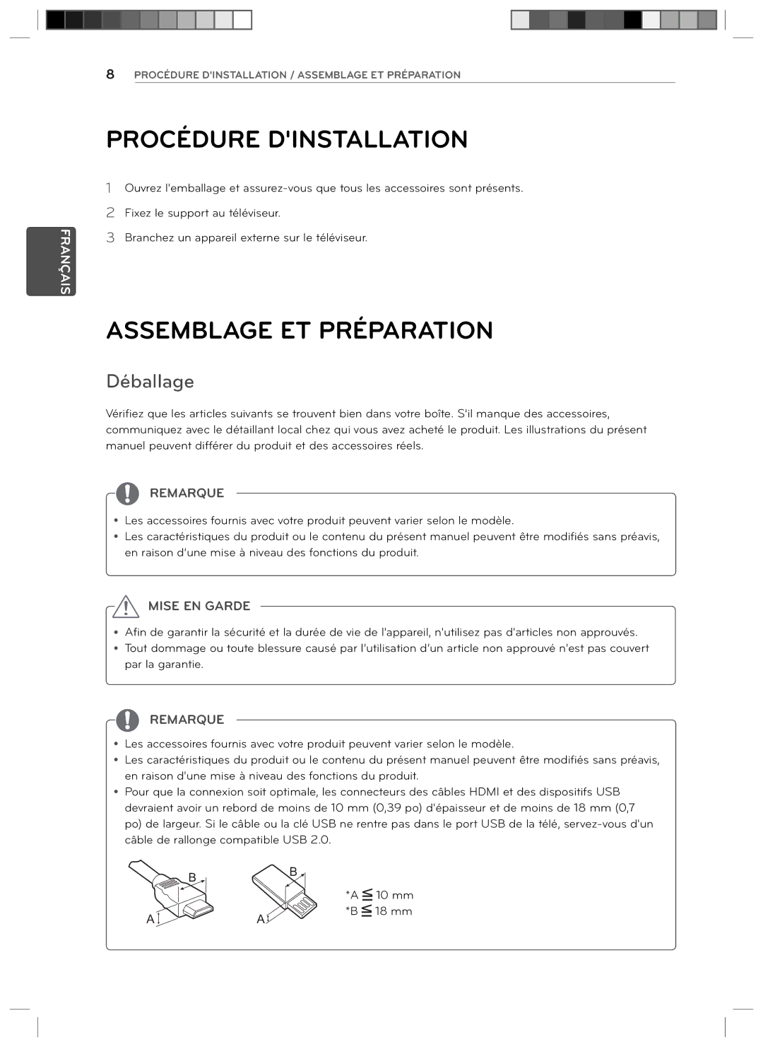 LG Electronics 24LN4510, 29LN4510 owner manual Procédure Dinstallation, Assemblage ET Préparation, Déballage 