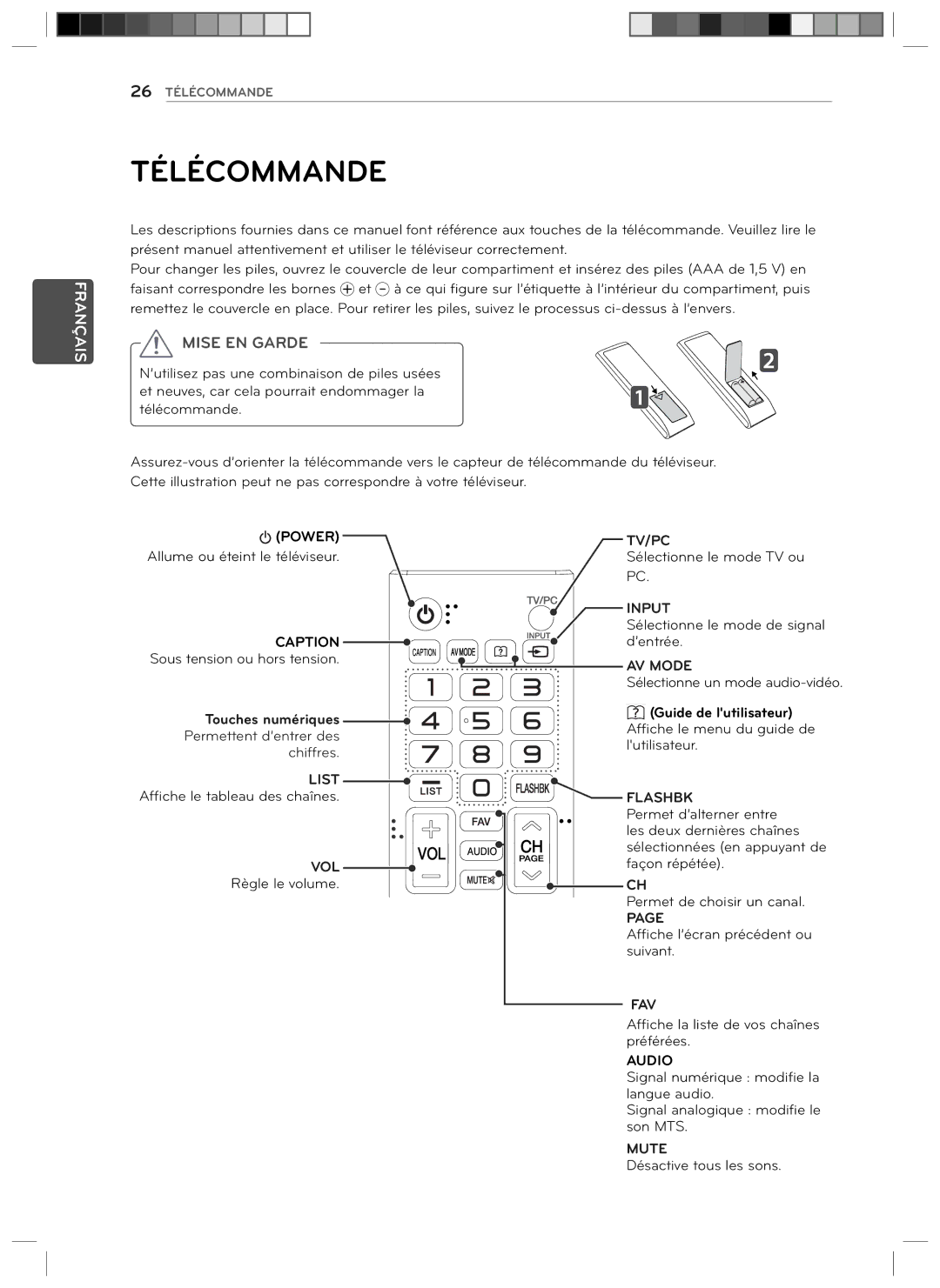 LG Electronics 24LN4510, 29LN4510 owner manual Télécommande, AV Mode 