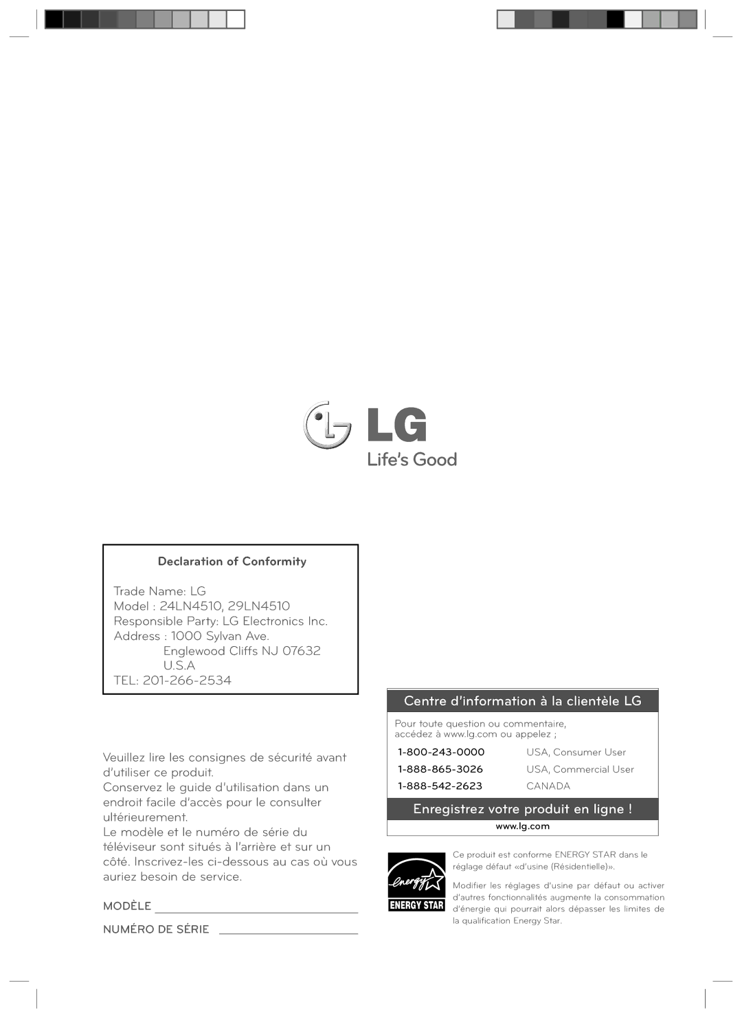 LG Electronics 24LN4510, 29LN4510 owner manual Centre d’information à la clientèle LG 