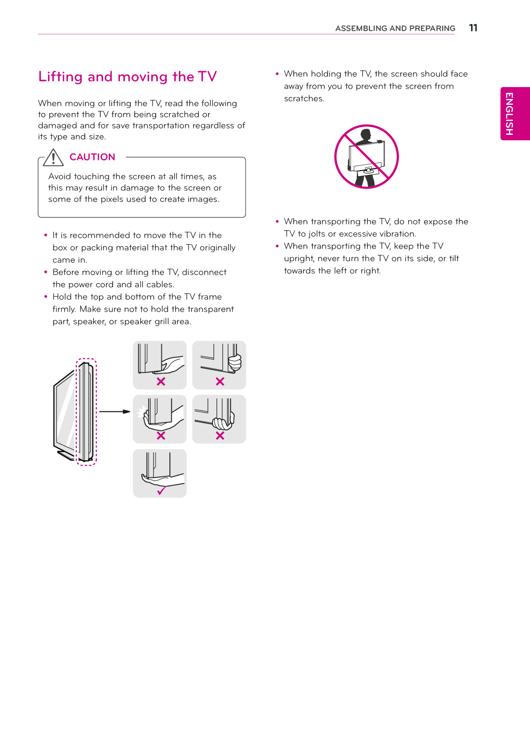 LG Electronics 22MA33D, 24MN33V, 24MN33D, 22MA33V, 29MN33D, 26MA33D, 26MA33V, 29MN33V owner manual Lifting and moving the TV 