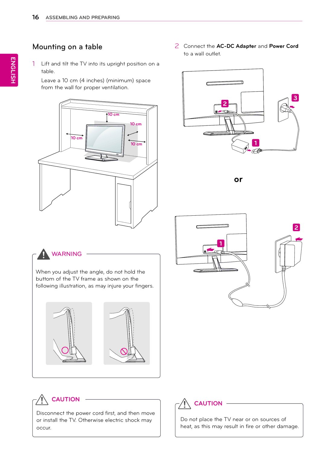 LG Electronics 24MN33V, 24MN33D, 22MA33V, 22MA33D, 29MN33D Mounting on a table, Connect the AC-DC Adapter and Power Cord 