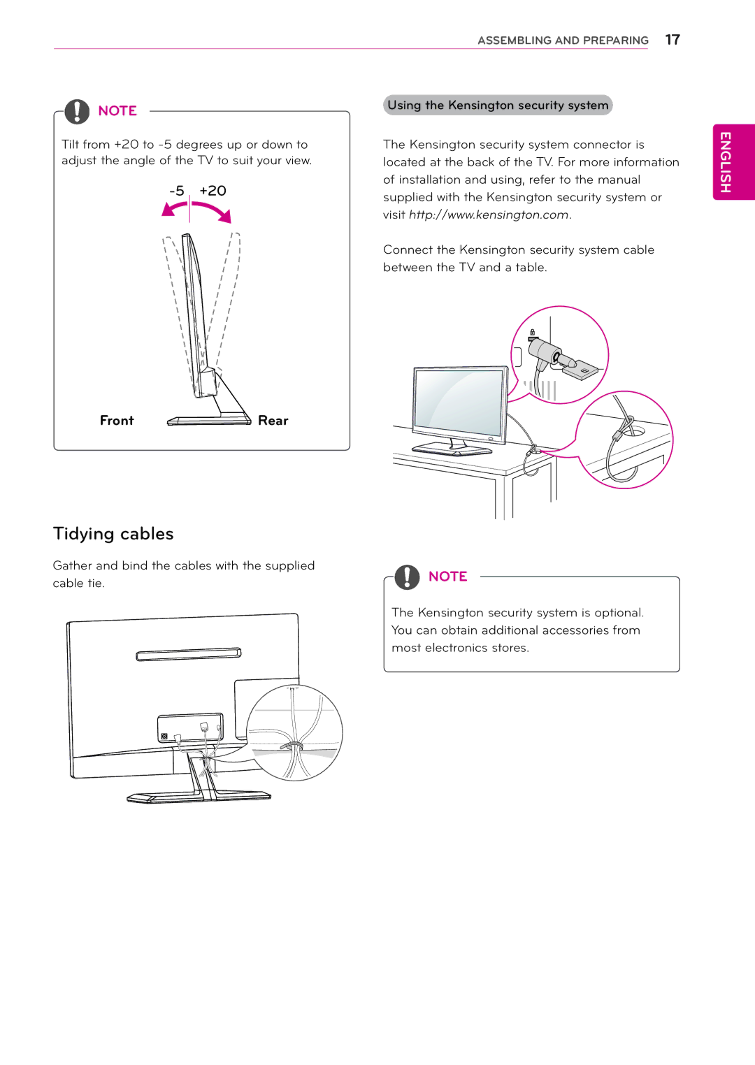 LG Electronics 24MN33D, 24MN33V, 22MA33V, 22MA33D, 29MN33D, 26MA33D, 26MA33V, 29MN33V owner manual Tidying cables, +20 