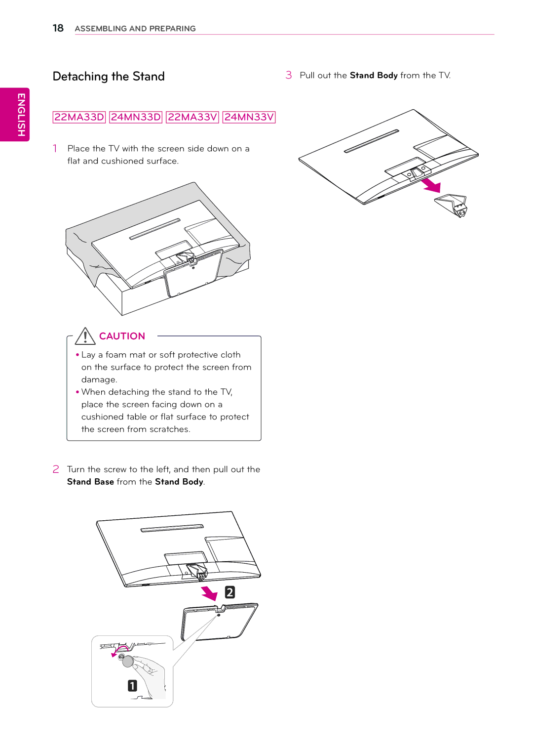 LG Electronics 22MA33V, 24MN33V, 24MN33D, 22MA33D, 29MN33D, 26MA33D, 26MA33V, 29MN33V owner manual Detaching the Stand 