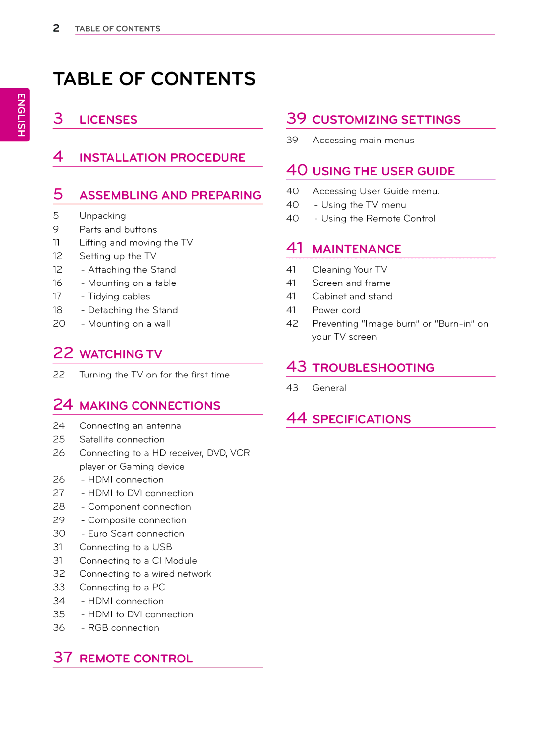 LG Electronics 22MA33V, 24MN33V, 24MN33D, 22MA33D, 29MN33D, 26MA33D, 26MA33V, 29MN33V owner manual Table of Contents 