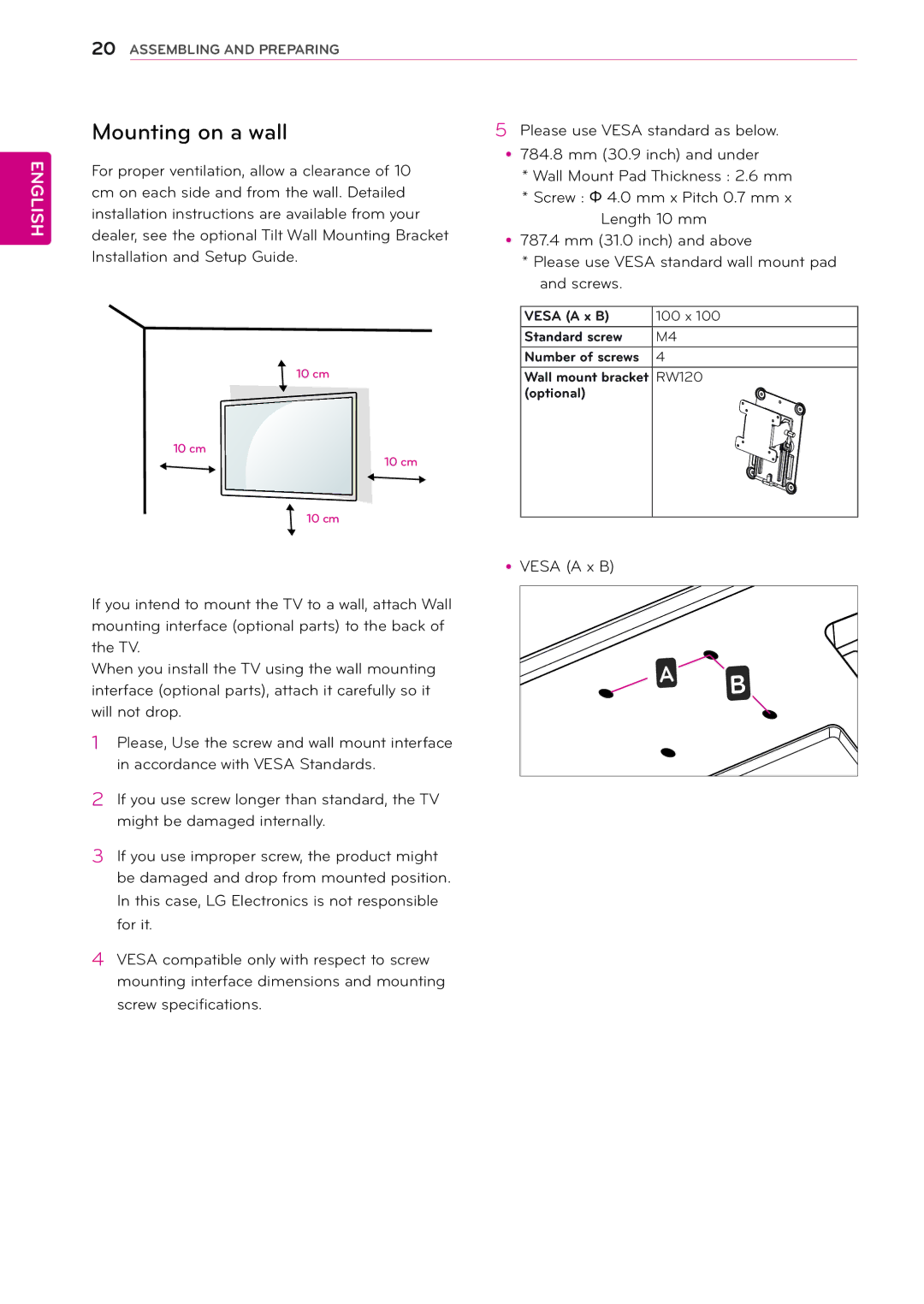 LG Electronics 29MN33D, 24MN33V, 24MN33D, 22MA33V, 22MA33D, 26MA33D, 26MA33V, 29MN33V owner manual Mounting on a wall 