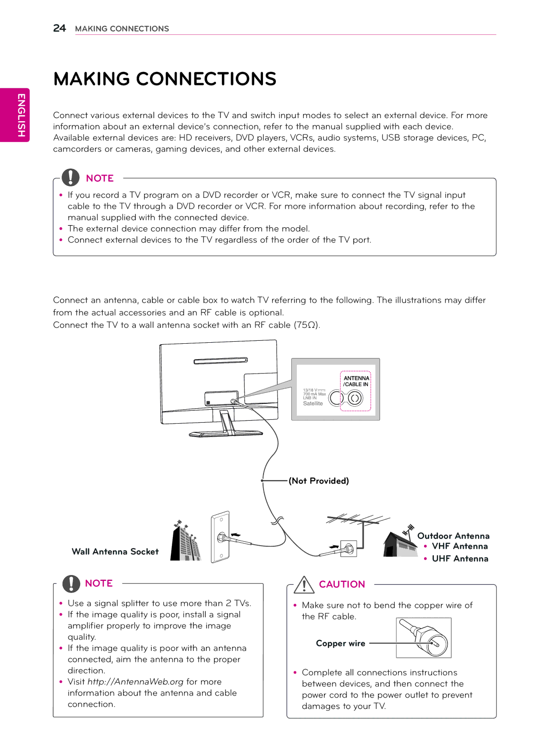 LG Electronics 24MN33V, 24MN33D, 22MA33V, 22MA33D, 29MN33D, 26MA33D Making Connections, Connecting an antenna, Copper wire 