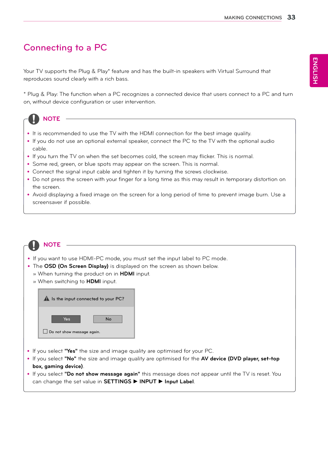 LG Electronics 24MN33D, 24MN33V, 22MA33V, 22MA33D, 29MN33D, 26MA33D, 26MA33V, 29MN33V owner manual Connecting to a PC 