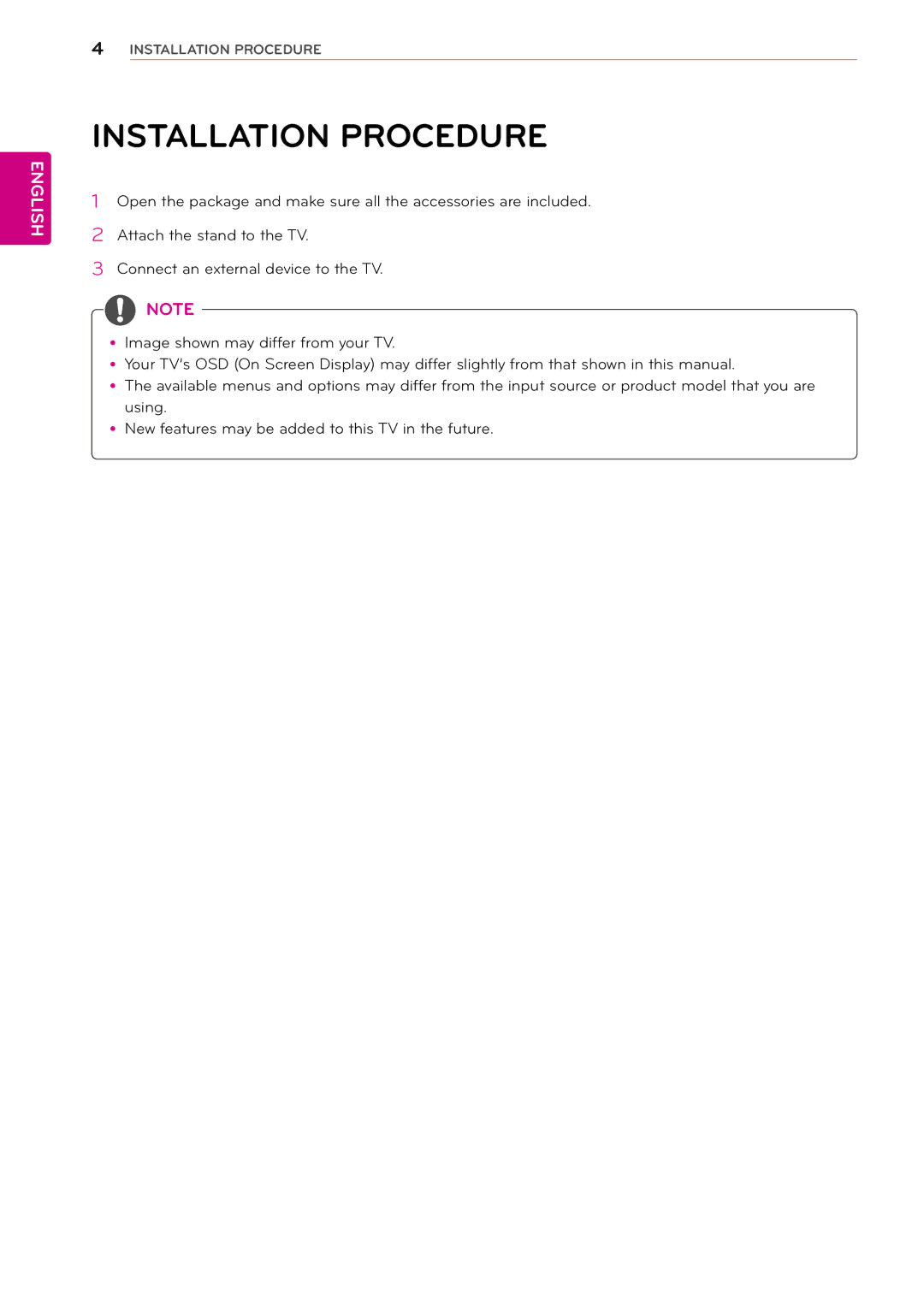 LG Electronics 29MN33D, 24MN33V, 24MN33D, 22MA33V, 22MA33D, 26MA33D, 26MA33V, 29MN33V owner manual Installation Procedure 